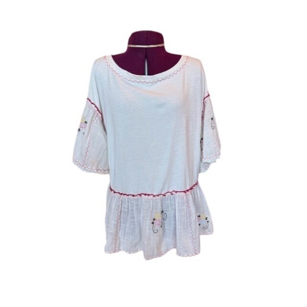 Anthropologie White Embroidered Peplum Blouse Red Ric Rac Trim Flutter Sleeve M - Picture 3 of 9